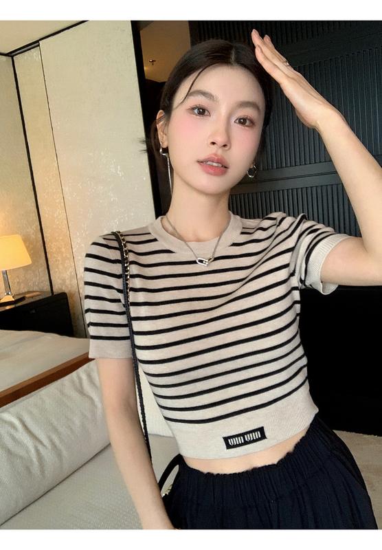 Product Introduction of Áo Thun Ngắn, Zhang Bei Bell, Dáng Ôm, Cổ Tròn, Sọc, Dành Cho Trang Phục Thường Ngày Mùa Hè Của Phụ Nữ, Dễ Phối Đồ Làm Bằng Len Lụa Dâu Tằm, ngắn Tay Áo, Dệt Kim Top Women Voi 16