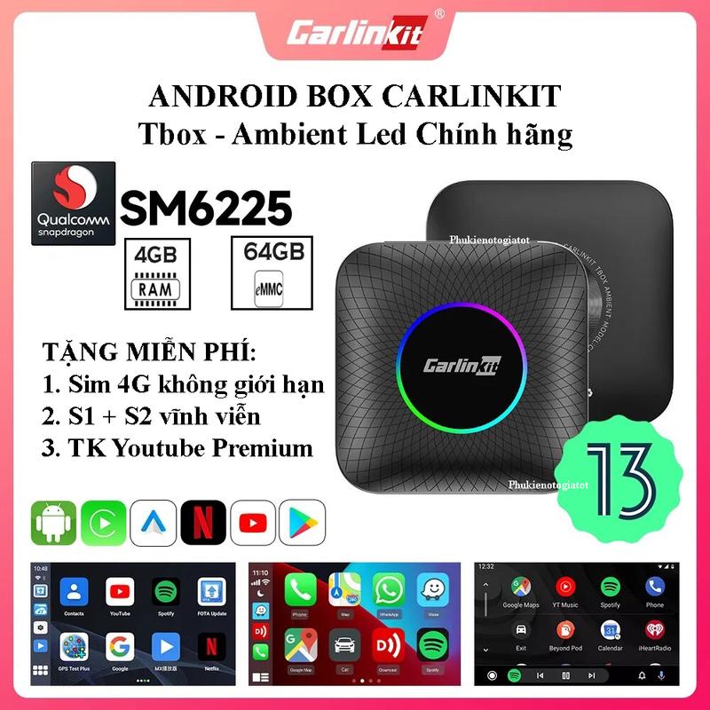 Carplay Android Box ô tô Carlinkit Tbox Ambient Led Qualcomm 6225 4G+64G tặng Vietmap S2