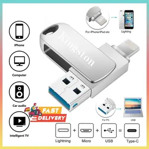 Kingston flashdisk 3 in 1 IOS OTG USB Flash Drive 512GB/1TB/2TB Rotation Pen Drive for iPhone/Android/PC [ISO+Micro+USB]