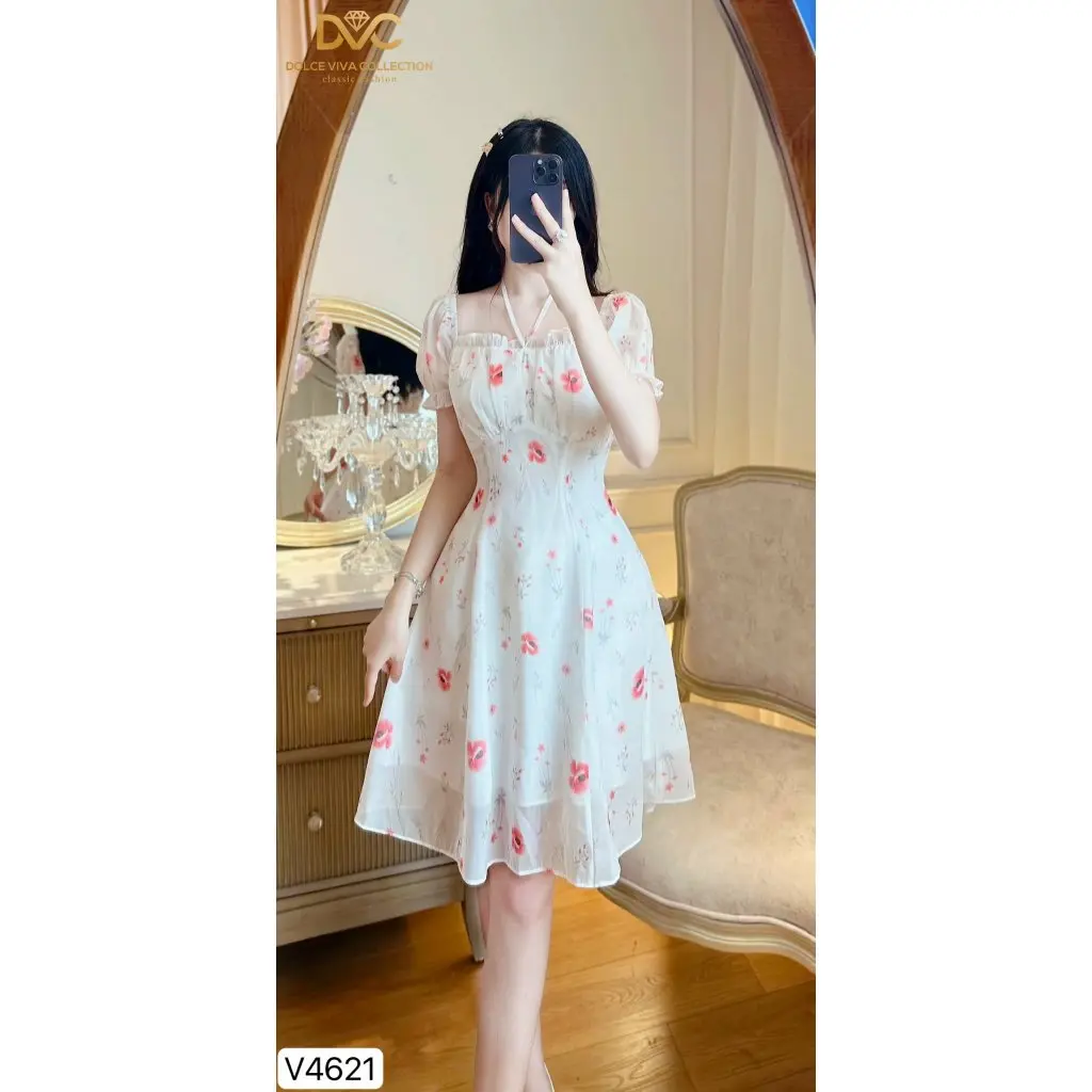 V4621 Váy đầm hoa cổ vuông nhún ngực đi làm, đi chơi tiểu thư thanh lịch thiết kế cao cấp - CHÍNH HÃNG DVC