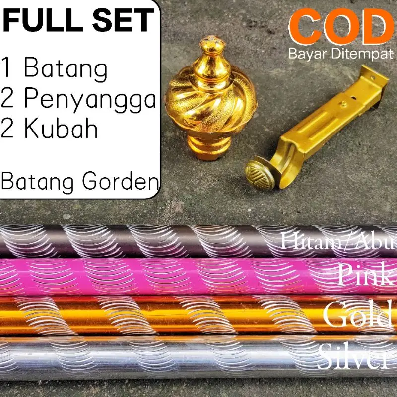 Batang Gorden 1m / 50cm / 60cm / 75cm / 1 meter / 1,5m / 2m Full set Silver / Gold / Pink / Hitam Abu Tiang Tongkat Rolet / Rollet Hordeng Korden Besi Hordyng Full set