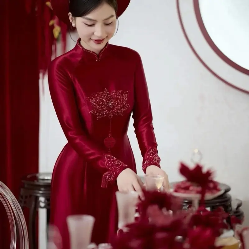 Áo Dài Kết Thủ Công Hoa Sen Tinh Khiết Chất Liệu Lụa Vân Gỗ Cao Cấp Dress, Áo Dài MAY-QUEEN