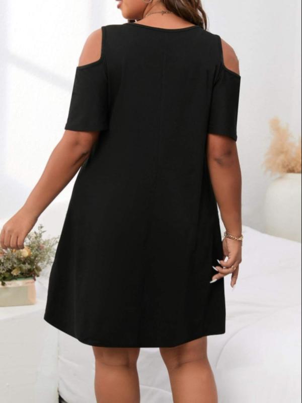 【Plus Size】 Basic Plain Cold Shoulder Dress, Elegant Short Sleeve Dress for Summer, Women's Clothes for Daily Wear 1