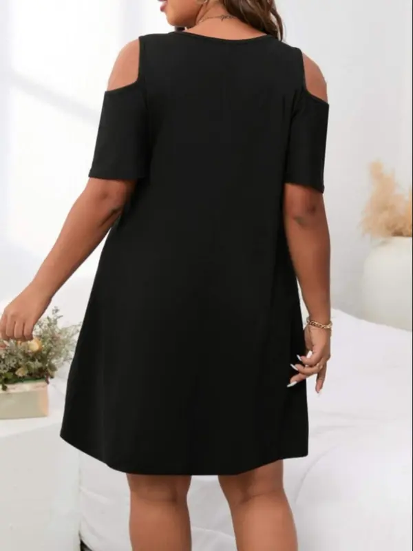 【Plus Size】 Basic Plain Cold Shoulder Dress, Elegant Short Sleeve Dress for Summer, Women's Clothes for Daily Wear 1