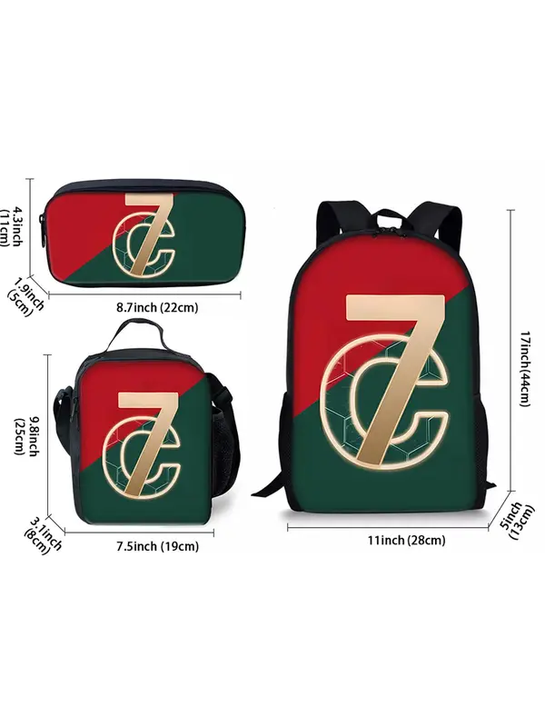 No.7 Print Backpack Set, Casual Backpack & Lunch Bag & Pencil Case, Functional Bag Set for Men & Women 1