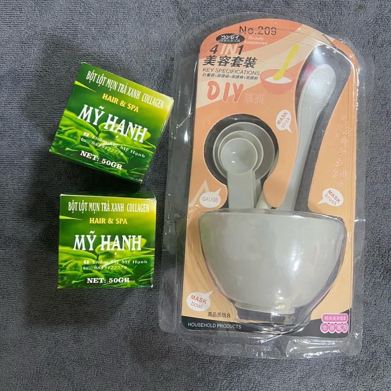 Combo 2 Hộp Mặt Nạ Bột Lột Mụn Trà Xanh + Kèm 1 Bộ chén Cọ Pha Mặt Nạ