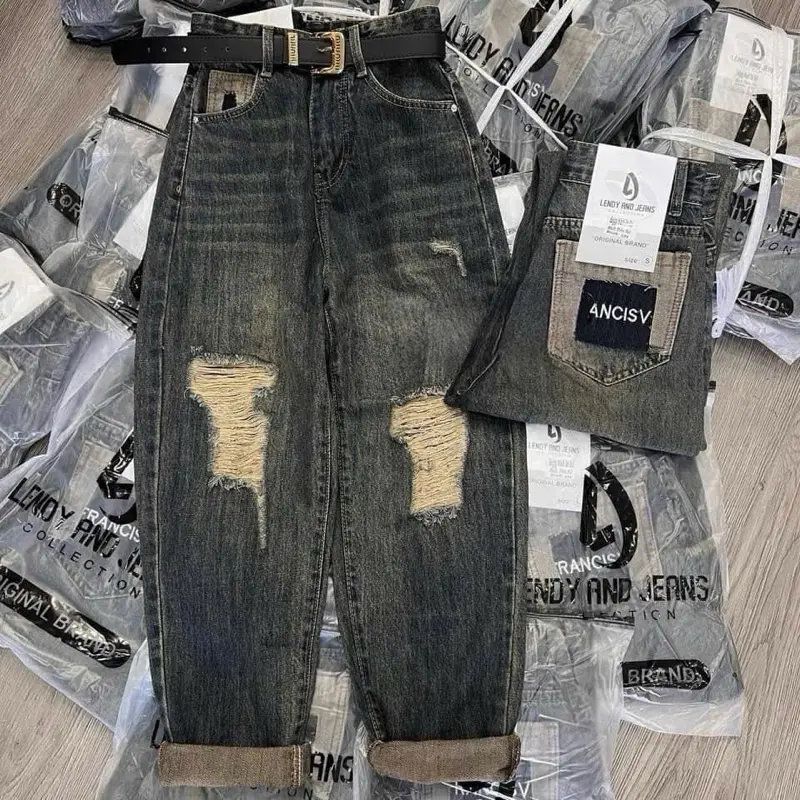 Quần Jeans Baggy thiêu túi sau rách gối 2 bên