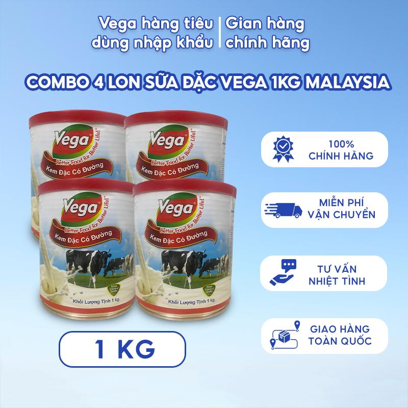   Combo 4 Lon  VEGA Kem Đặc 1Kg - Nhập Khẩu Malaysia Chính Hãng - Nguyên Liệu Làm Bánh Flan Yogurt Pha Cà Phê Sinh Tố - Dung Tích Lớn Tiện Dụng Tiết Kiệm | condensed milk 