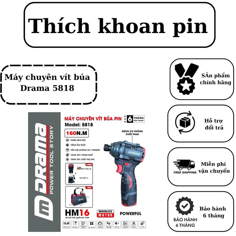 Máy chuyên vít / Bắt vít pin DRAMA FLEX 5818, Lực siết 130NM, Động cơ Không chổi than, 3 Tốc độ, Hàng chính hãng