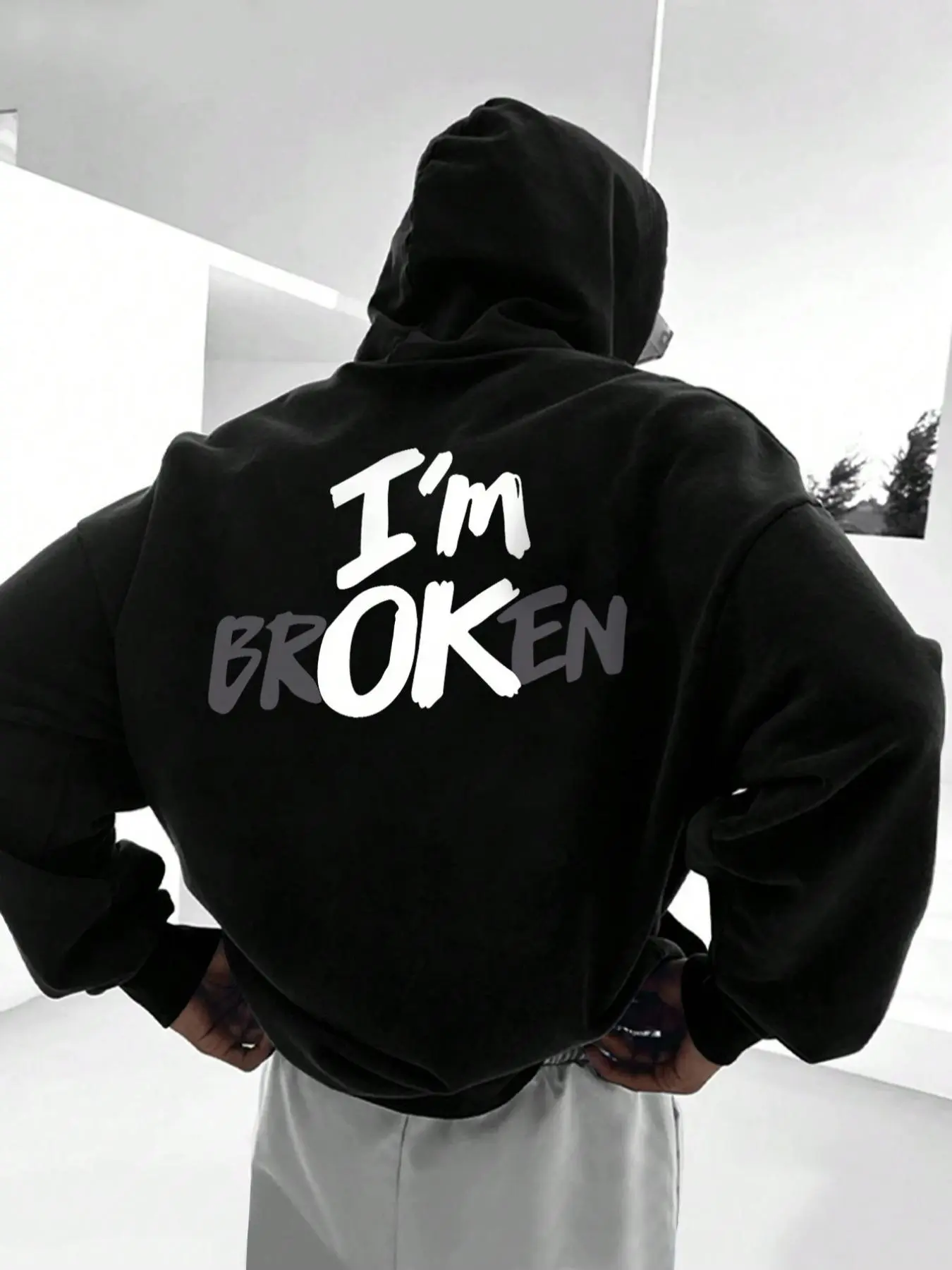Men's "I'M OK" Letter Print Drop Shoulder Drawstring Hoodie, Street Fashion Regular Fit Pocket Hooded Sweatshirt for Daily Outdoor Wear, Men's Clothes for Spring