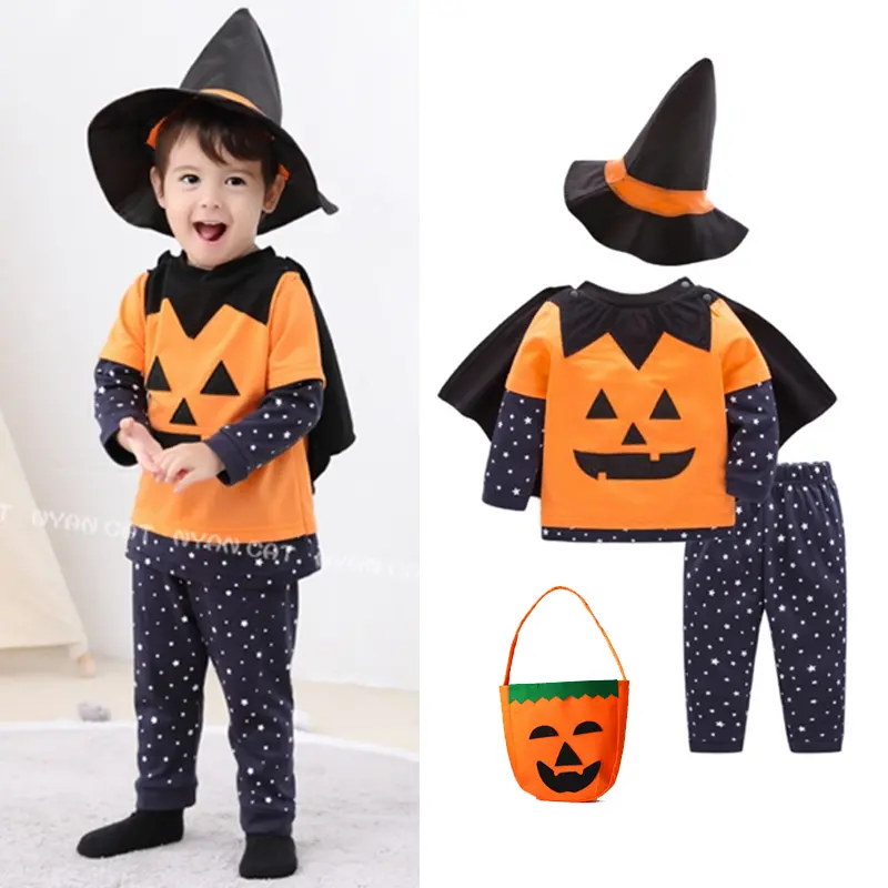 Bộ đồ màu đen hình dơi bí ngô cho bé trai Trang phục hóa trang Halloween Bộ quần áo trẻ em mới sinh dài tay Bộ đồ liền thân Áo liền quần cho bé
