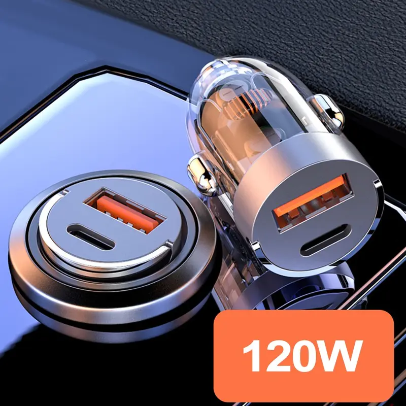 Bộ Chuyển Đổi sạc trên ô tô, Sạc nhanh, Cổng kép 120W, Kích thước nhỏ, Thiết kế trong suốt, Thích hợp cho ô tô 1
