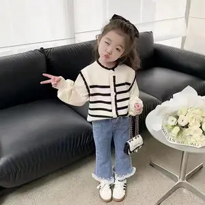 Angenius Setelan Baju Atasan Lengan Panjang Anak Perempuan Wool Setrip O-Neck Celana Jeans Denim Korean Style Bunga Fashion