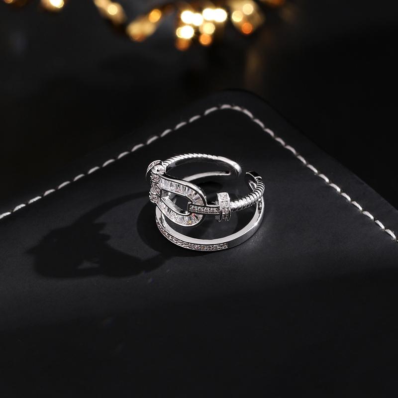 High Version Real Gold Plating Minimalist Design Personality Horseshoe U-Shaped Zircon Open Ring Jewelry for Women 1