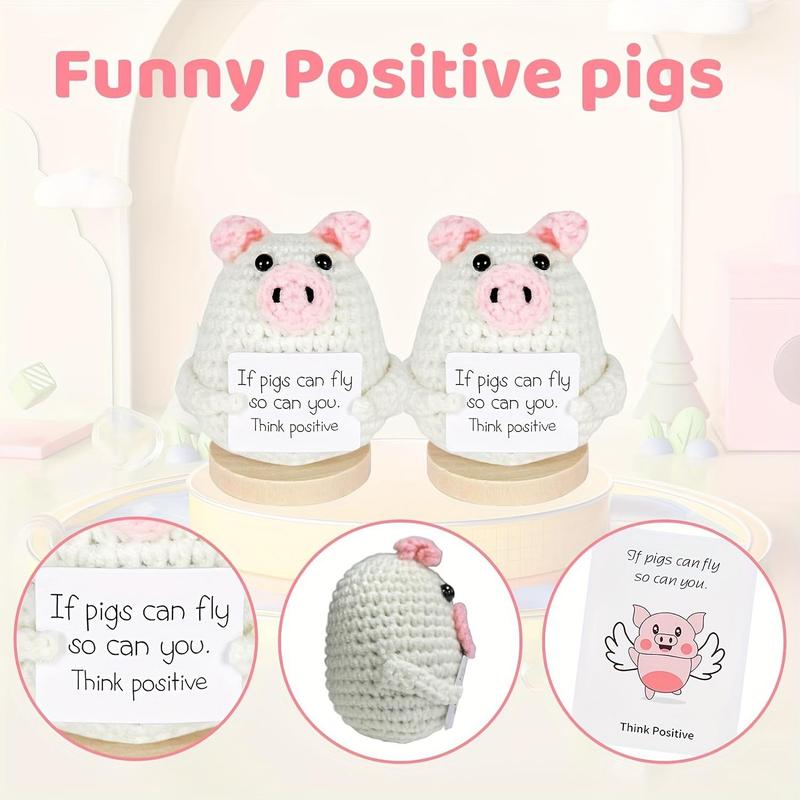 Product Introduction of Cute Piggy Design Crochet Kit, 2 Counts/set Funny Positive Handmade Knitted Crochet Toy, Mini Cute Knitting Doll Gifts with Encouraging Card 2