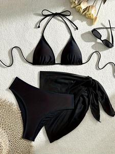 Conjunto de bikini sólido para mujer, conjunto de traje de baño casual y elegante, ropa de baño para damas para vacaciones en la playa