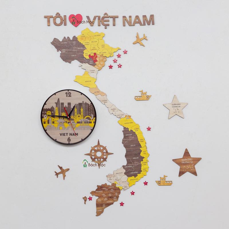 Bản đồ gỗ Việt Nam đầy đủ Quần đảo Hoàng Sa và Quần đảo Trường Sa [60cm, 1m, 1.5m, 2m] lắp ghép dán tường, decor trang trí từ nhà Bách Mộc kèm đồng hồ tráng gương danh lam Việt Nam, bản đồ Việt Nam bọ bởi Decal Xốp