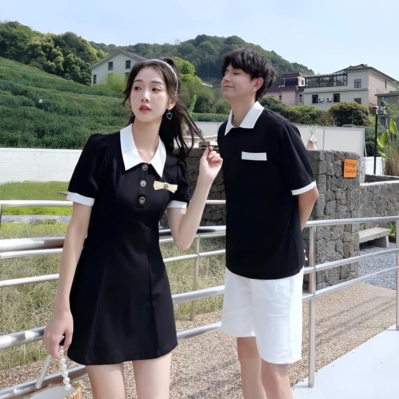 (Update vải k đổ lông r ạ) Nữ max 75kg, nam 100kg - Set đồ thun cặp đi dạo phố đen kèm nơ trang trí