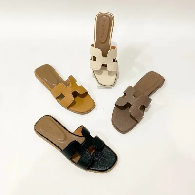 Brevinni Elbe Sandal Flat Kulit Jeruk Selop Wanita Premium Kekinian Aesthetic Terbaru Hitam Size 35-41 Tinggi Sol 1cm 2