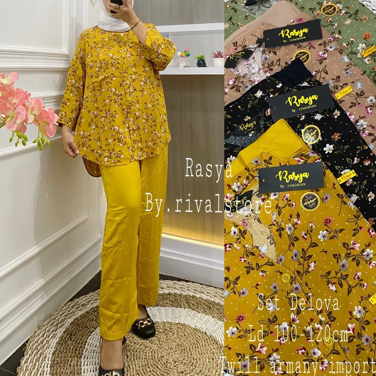 setelan wanita terbaru motif kekinian botega rayon twill motif bunga kombinasi ootd berhijau oneset viral 2023 Poliester