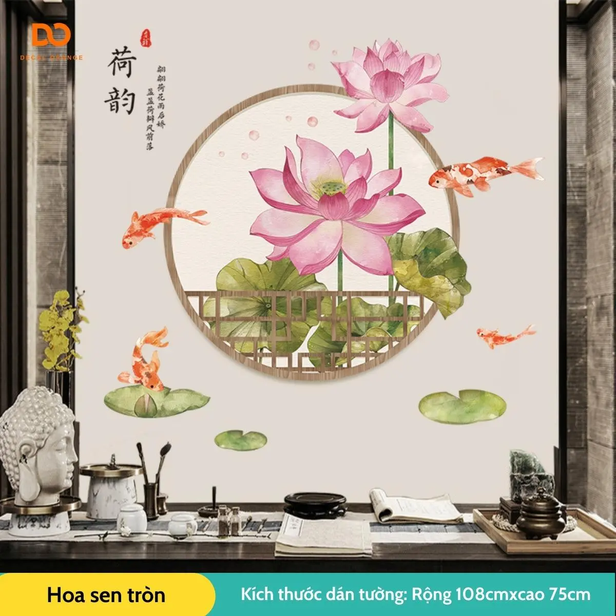 Decal dán tường, Tranh dán tường Hoa Sen A02 trang trí phòng ngủ, phòng khách, phong cách Trung Hoa