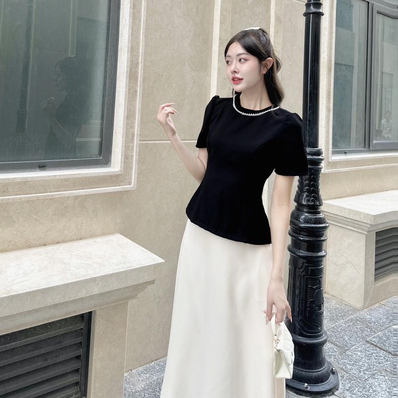 (Có tách lẻ) SET ÁO PEPLUM ĐÍNH NGỌC KÈM CHÂN VÁY MIDI có túi 2 bên hông, áo chất tuyết mưa, chân váy chéo hàn phù hợp đi làm, đi chơi, đi tiệc Nữ Women Nhung Kem Top