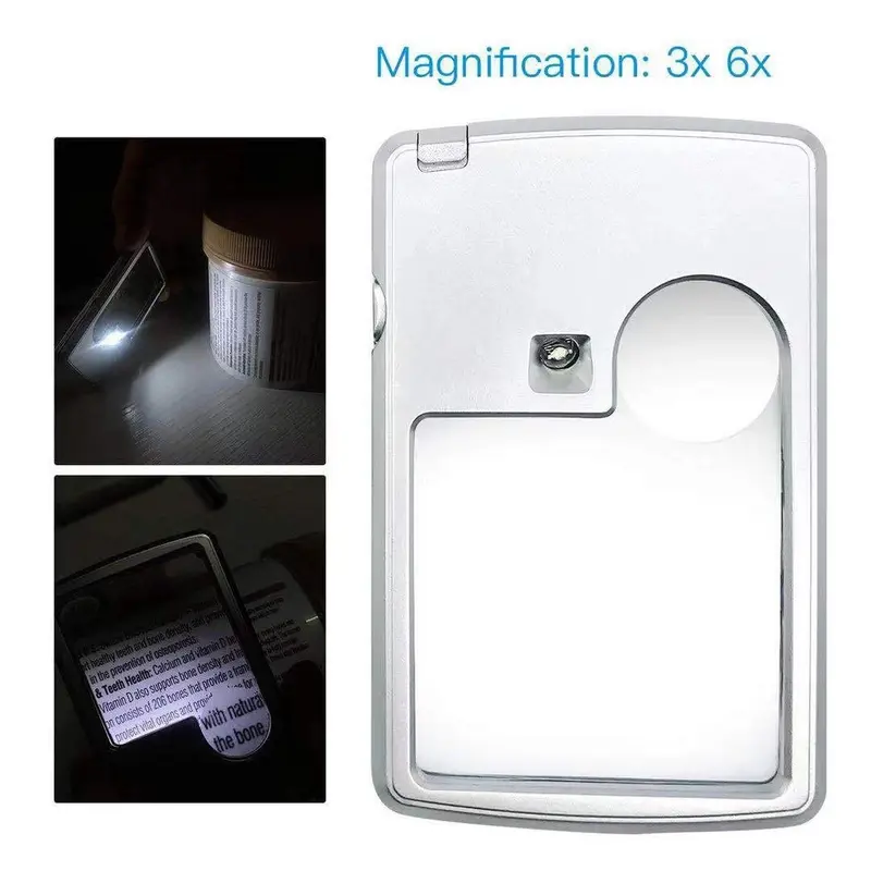 Kaca Pembesar LED XX-4B-3 / Ukuran Kartu Kredit Case Kulit / Lampu 3x 6x Persegi Panjang 7