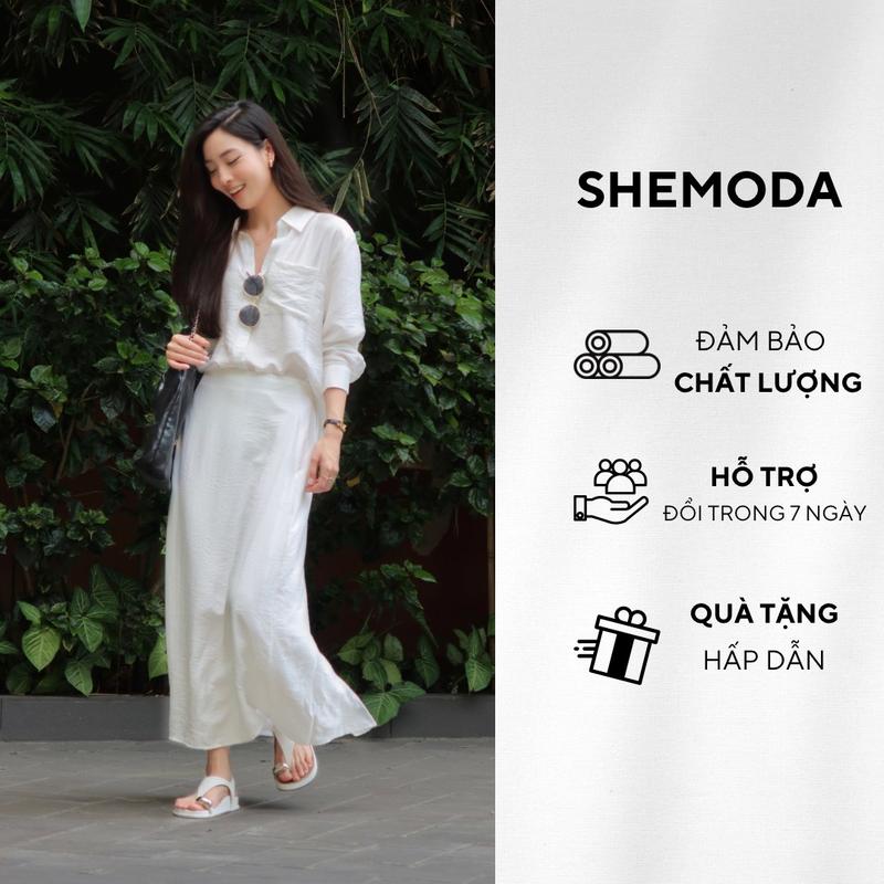 Young White SET - Set đồ đũi tơ bao gồm 2 món chân váy dáng dài xẻ tà và áo sơ mi dáng đuôi tôm sành điệu SHEMODA