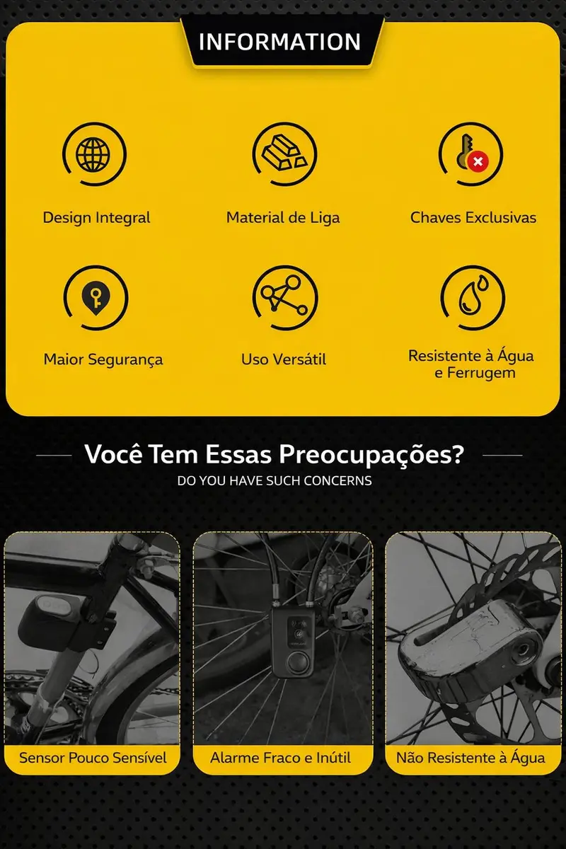 Trava de Disco em Liga de Alumínio Com Alarme 110dB Antifurto para Moto/Bike à Prova dÁgua Universal