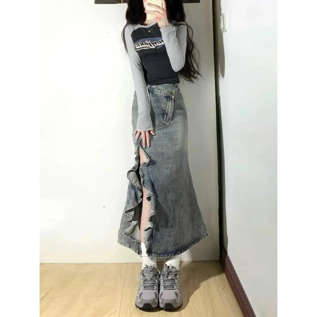Chân Váy Denim, Phong Cách Cổ Điển Mỹ, Dài Trung Bình Bất Đối Xứng Dành Cho Nữ, Hàng Mới Về Mùa Hè, Thiết Kế Xẻ Tà, Cạp Cao, Chân Váy Đuôi Cá