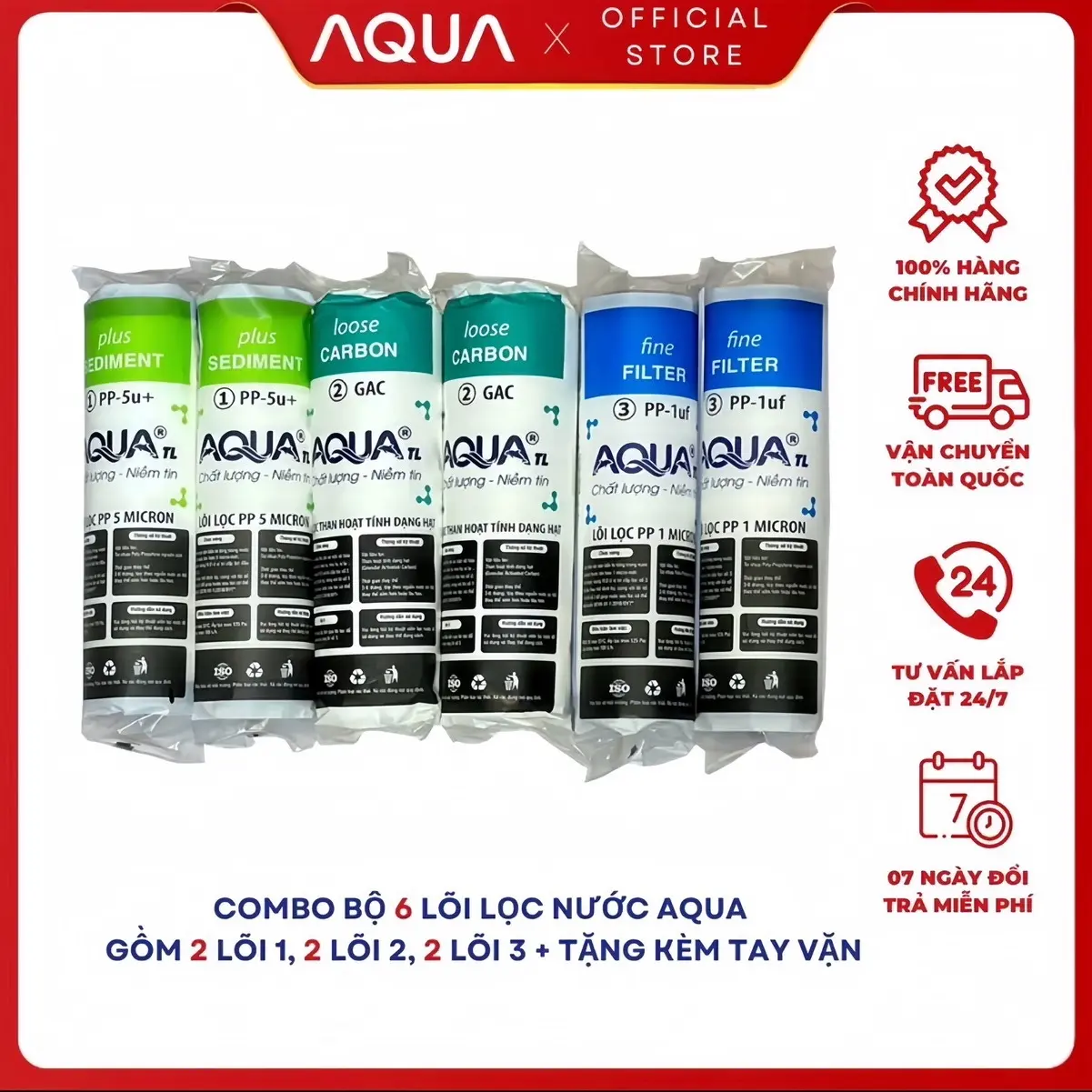 COMBO 2 BỘ 6 LÕI LỌC NƯỚC AQUA 123 CHÍNH HÃNG - TẶNG TAY VẶN CỐC LỌC | DÙNG ĐƯỢC CHO MỌI MÁY LỌC NƯỚC GIA ĐÌNH