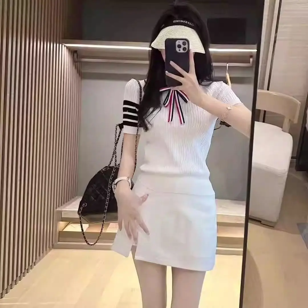 New Style College Puppy Color-Block Cable Knit Embroidered Bowknot Youthful Turn-Down Collar Slim Fit Short Sleeve Knit Top