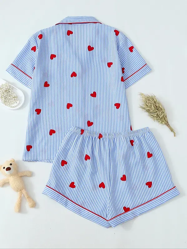 Women's Heart & Striped Print Short Sleeve Pajama Two-piece Set, Cute Casual Comfy Button Front Chest Pocket Design Lapel Neck Top & Elastic Waist Shorts PJ Set, Ladies Sleepwear for All Seasons 1