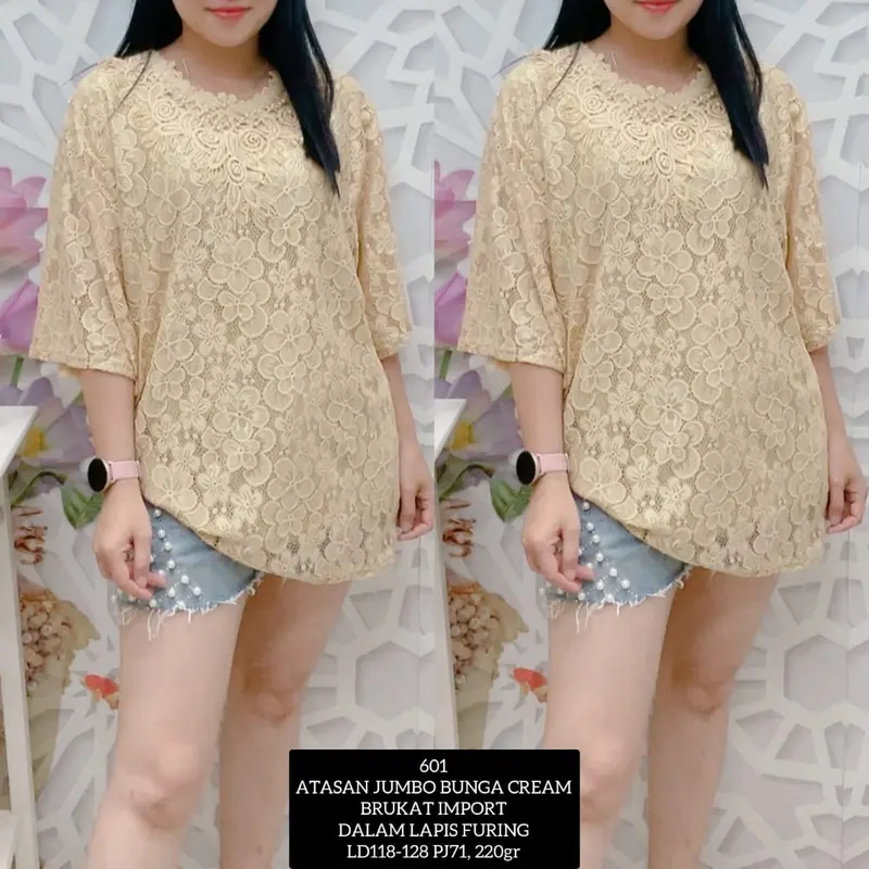 KLV Atasan Blus Brokat Wanita Jumbo Import Lengan 3/4 - 601 2