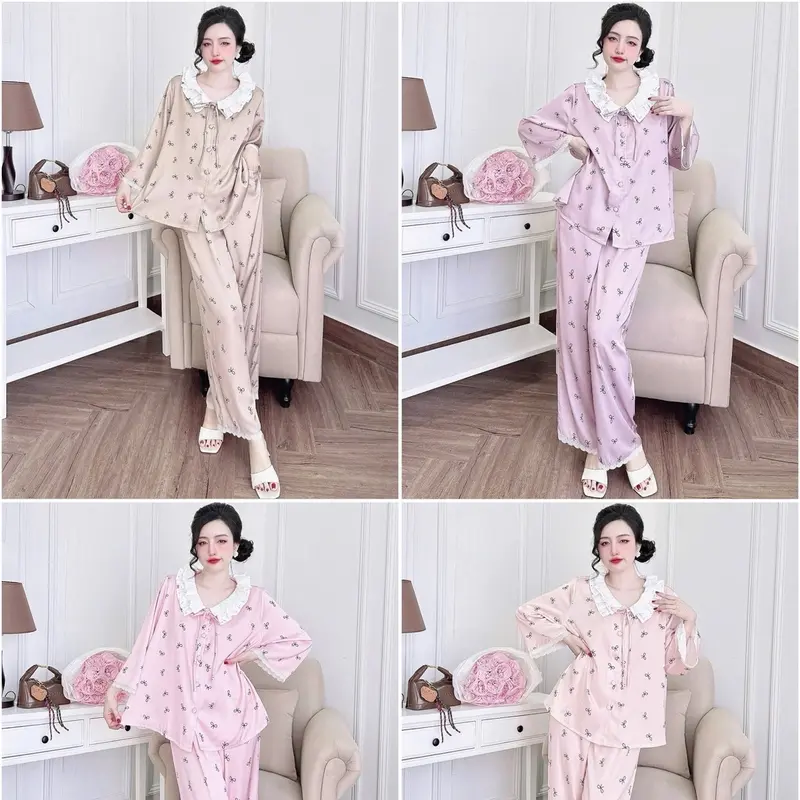 Bộ Tiểu Thư Nơ Phối Ren Quần Dài Lụa Latin (Freesize 40-70kg) Pijama Nữ Women 8