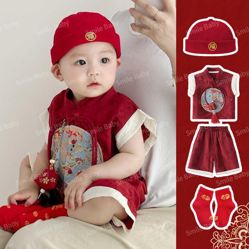 Summer New Baby Clothes Boys Girls New Chinese Set Includes Sachets 4-36 Months Baby Thin Embroidered Dragon Spring Festival 2-piece Set 3