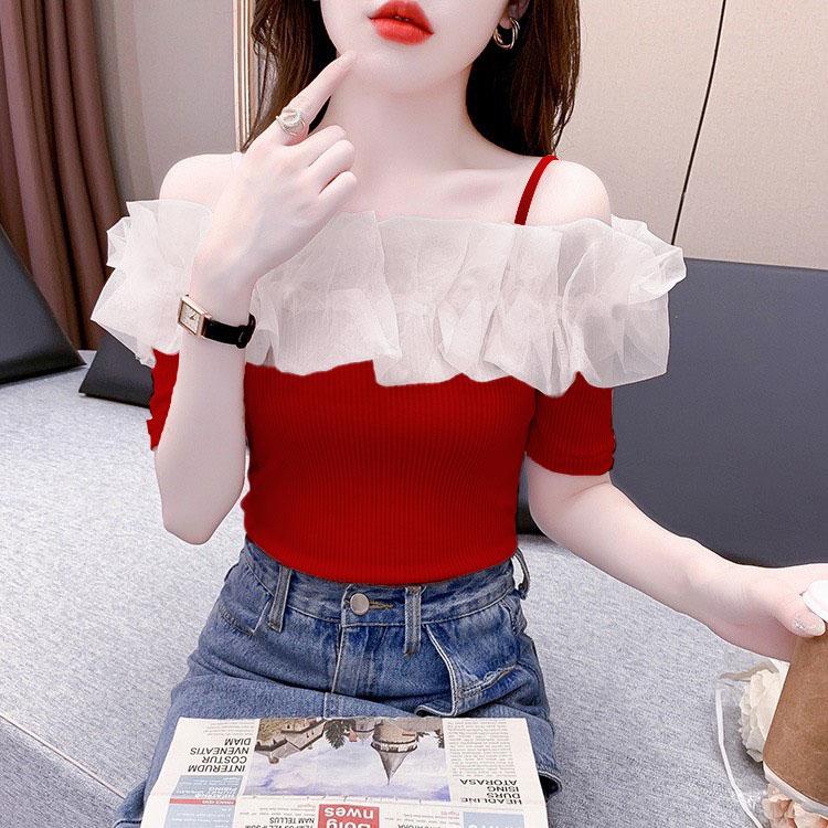 Áo kiểu nữ Croptop Áo Trễ Vai Ngắn Tay Phối Lưới Phong Cách Hàn Quốc Dành Cho Nữ Women Dáng Ngắn Cổ Tròn Đen