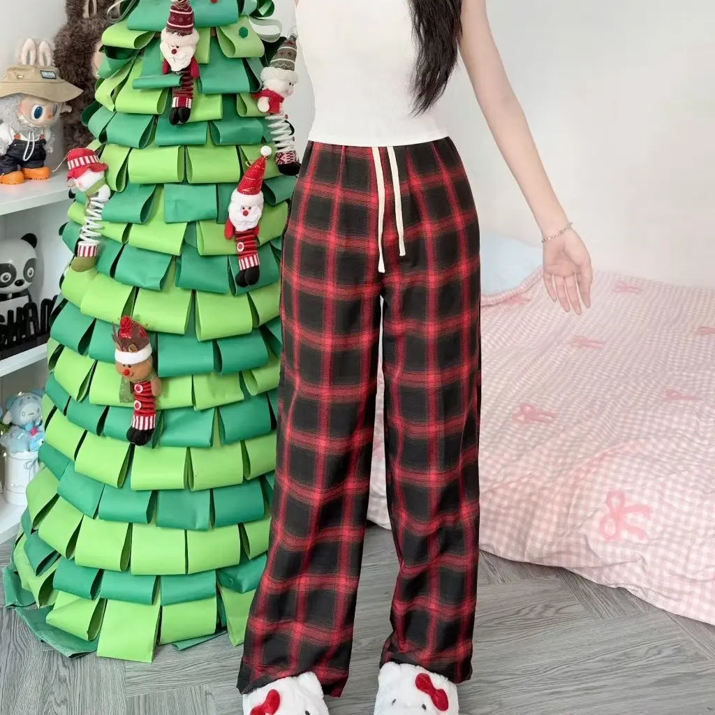 Quần ống rộng Kẻ  cạp cao tôn dáng phong cách hàn  Quốc quầnnỉ quần  caro lười quan  free Nữ Women Pants Pants