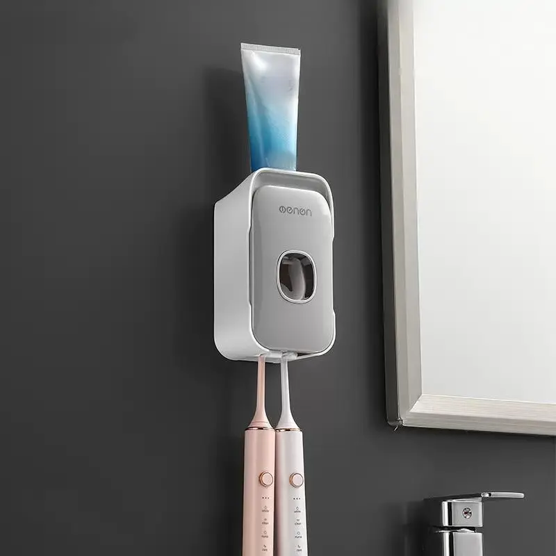 2 in 1 Toothbrush Holder & Toothpaste Dispenser, 1 Count Punch Free Wall Mounted Toothbrush Holder & Toothpaste Dispenser, Bathroom Organizer, Bathroom Accessories, Bathroom Supplies