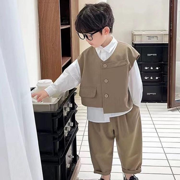 Bộ vest, set 3 chi tiết ghi lê+ áo trắng dài tay+ quần dài cho bé trai 0-5 tuổi sang chảnh chất thô cotton và chéo nhật hàng cao cấp.