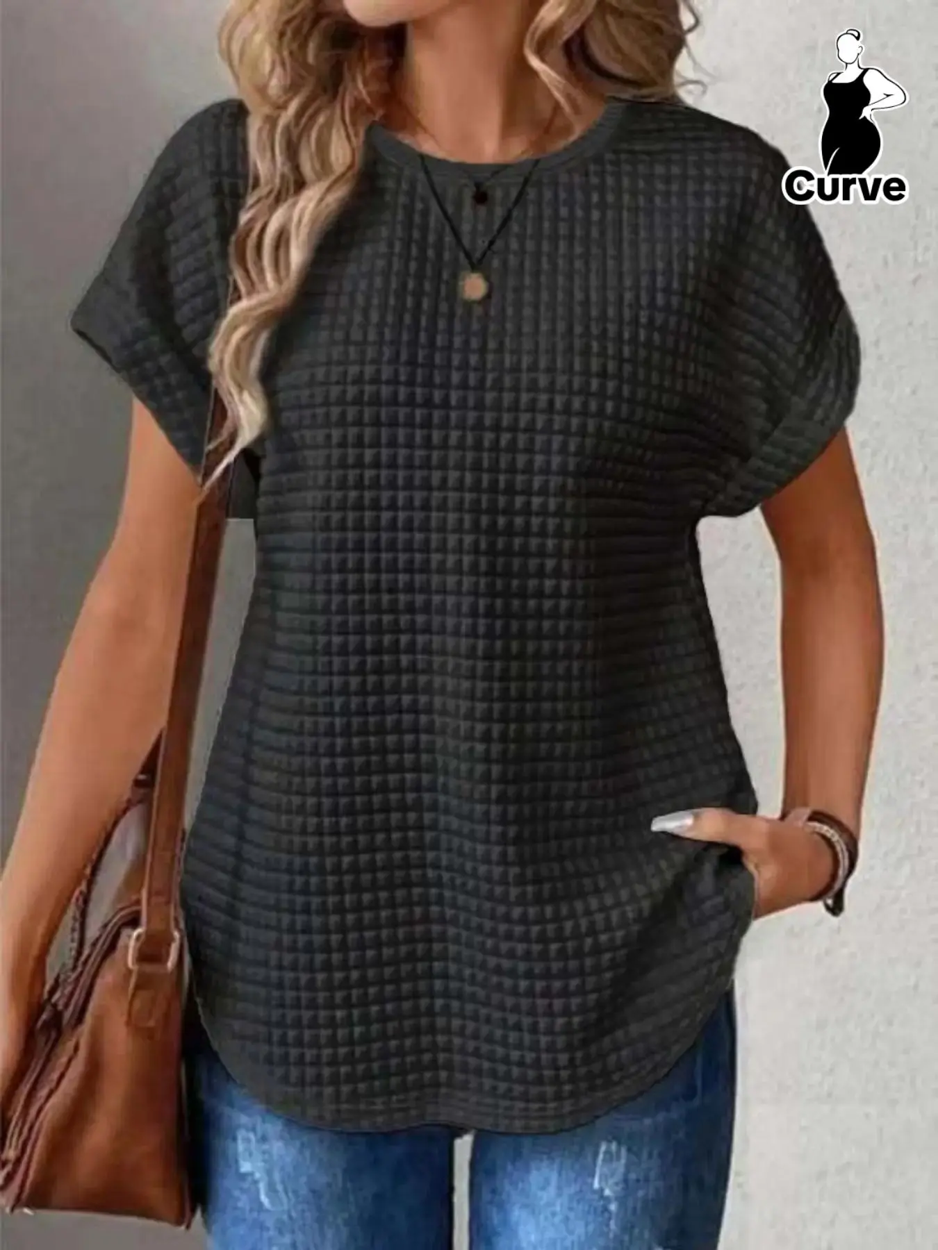 Plus Size Plain Textured Batwing Sleeve Tee, Casual Short Sleeve Round Neck T-shirt, Women's Clothing for Summer Daily Wear