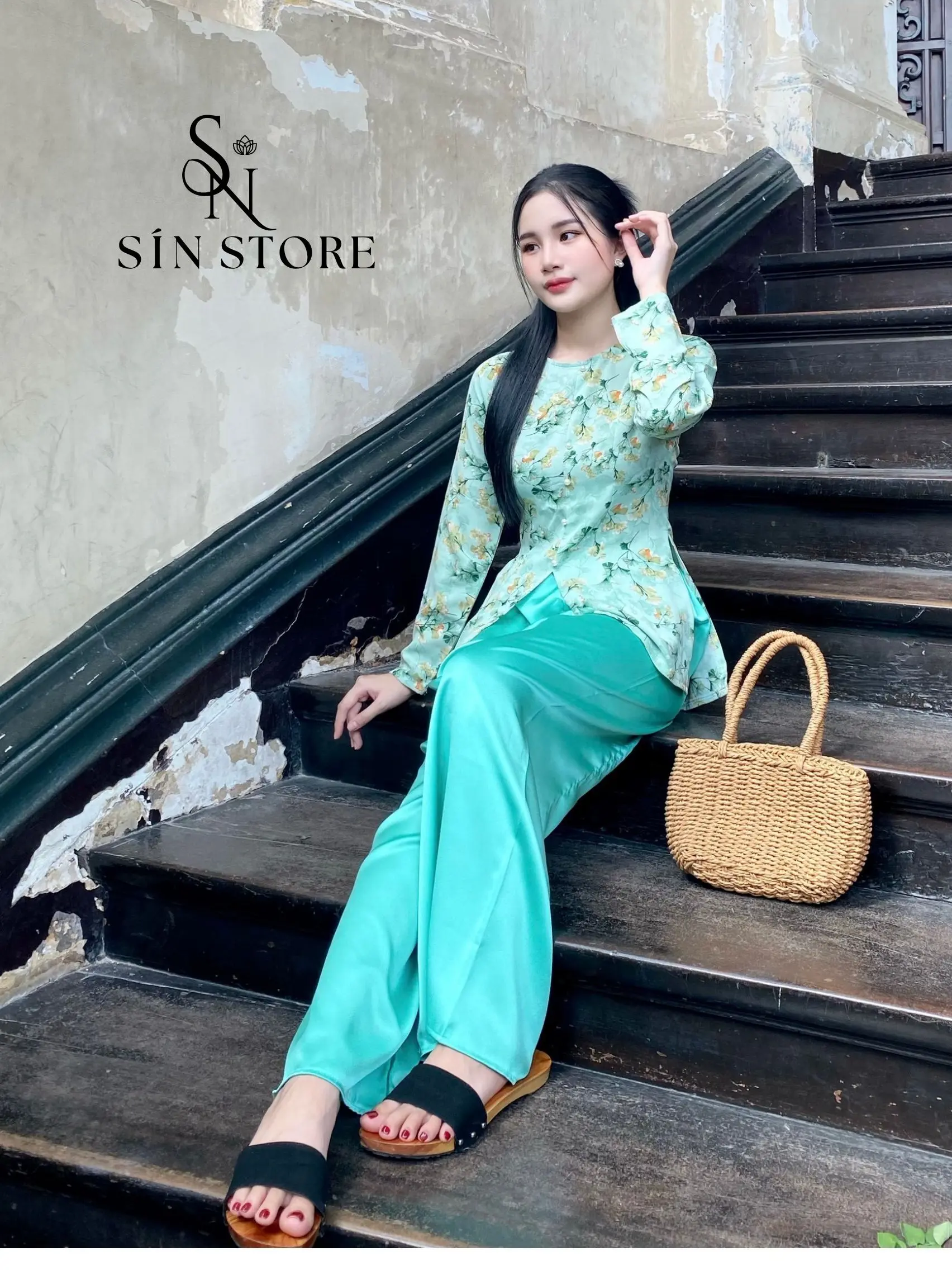 Nguyên bộ bà ba - Áo lụa mango hoa tay dài cổ tròn kèm quần lụa - Top Tay dài Có hoa-SÍN STORE- L01