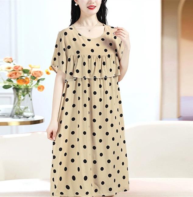 Product Introduction of Strictly Selected Printed Artificial Cotton Nightdress Women's Summer High-Grade Ice Silk Skirt Thin Short Sleeve Pajamas plus Size A- line Dress 11