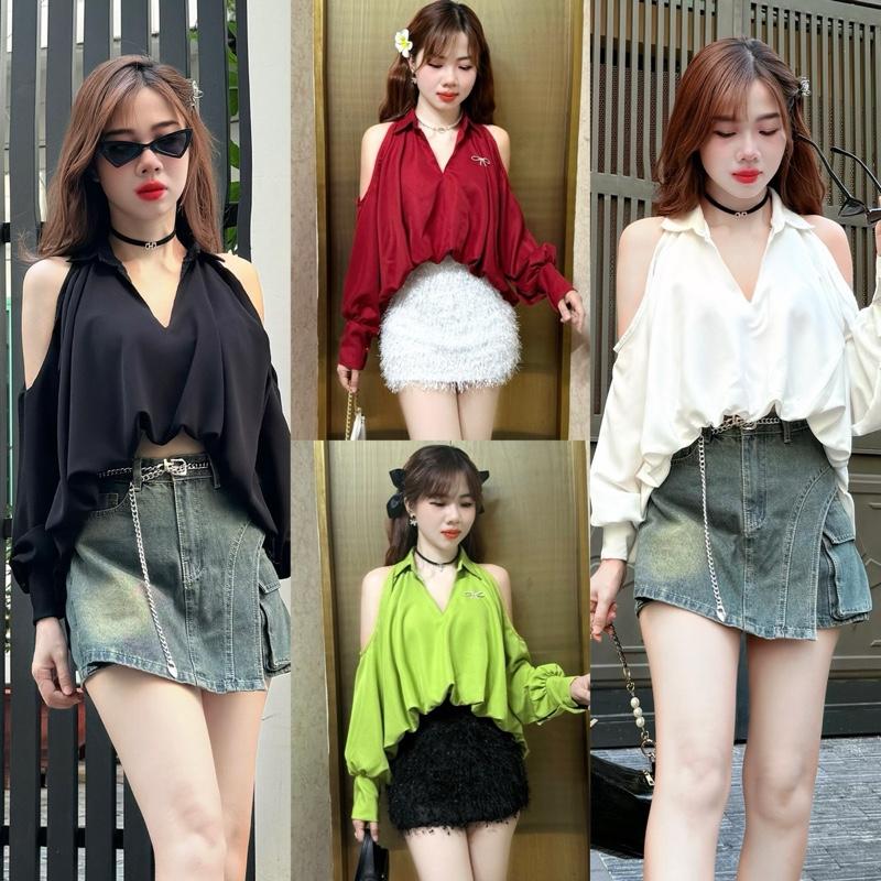 Áo somi Xẻ Vai tay dài phom rộng Nữ Voan