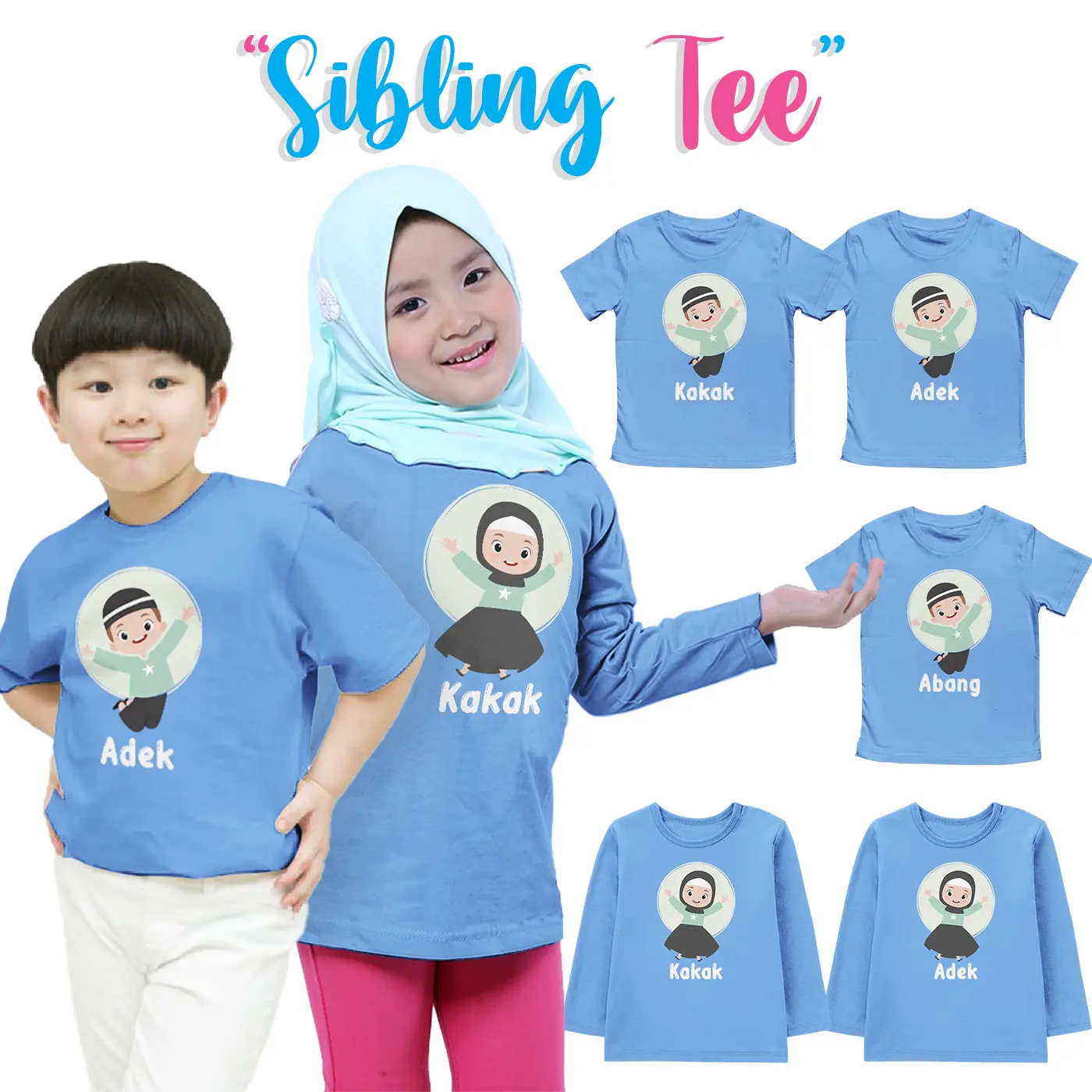 Kaos Anak Laki-laki Perempuan Terbaru Motif Adek Kakak Warna Baby Blue Unisex Combed Cotton