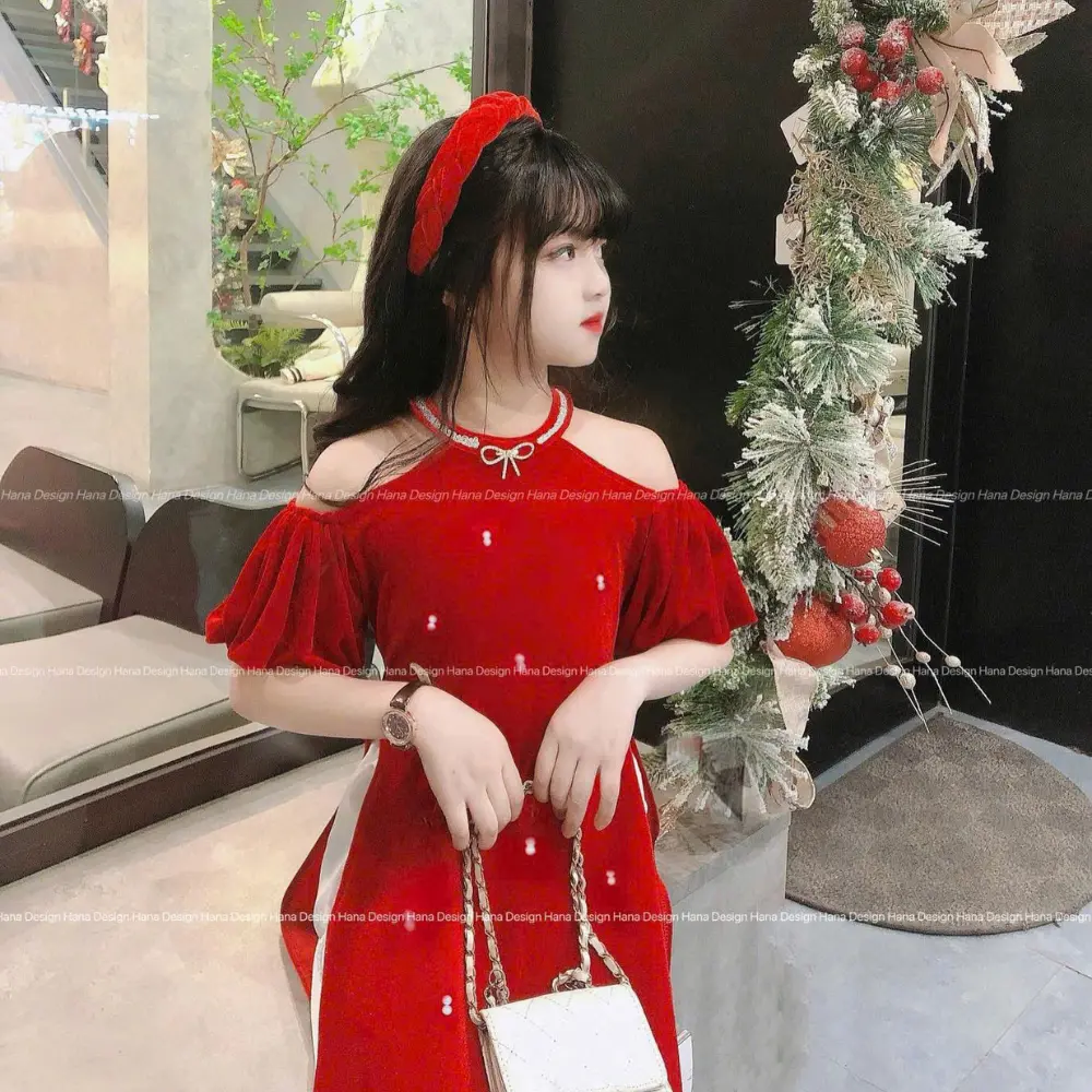 Mã S9: (20kg - 60kg) Sét áo dài chất cotton lạnh hở vai kèm quần chất lụa mịn cho bé gái ( không kèm cài )