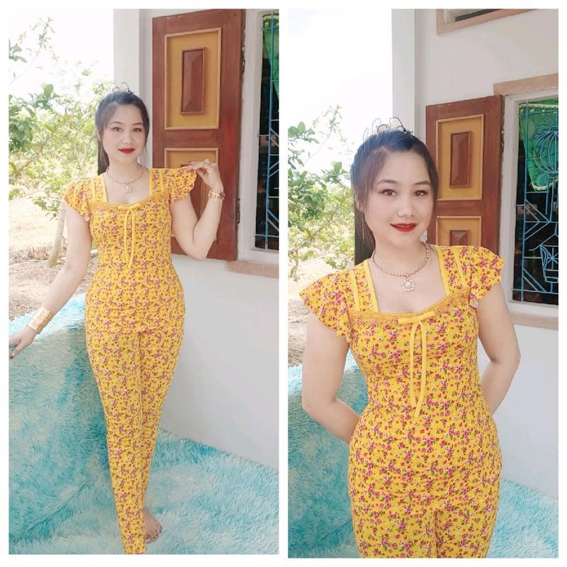 bộ thun ati tay cánh tiên cổ vuông viền ren quần dài ống nhỏ Nữ Women Áo