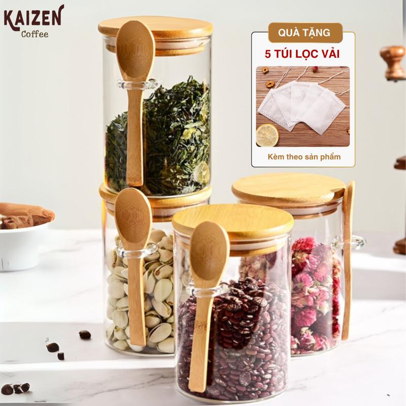  Hũ Thủy Tinh 1000ml Nắp Tre Kèm Thìa Gỗ Đựng Gia Vị Lọ Đựng Hạt Khô Yến Mạch Có Mút Cao Su Chống Ẩm - Kaizen Coffee 