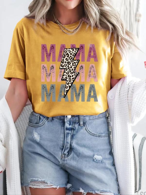 Women's Leopard Lightning & Letter Print Round Neck Tee, Summer Clothes, Fashion Casual Short Sleeve T-Shirt for Daily Wear, Ladies Clothes for Summer 3