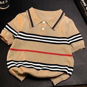 Summer Knitted Short Sleeve Stylish Children's Ice Silk Turn-Down Collar Striped Boys' and Girls' Casual Polo Shirt 8632